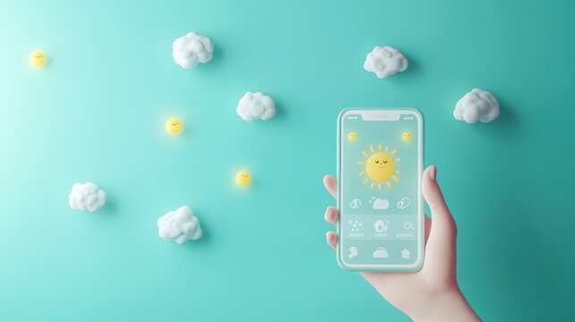 A hand holding a smartphone displaying a sunny weather app against a turquoise background.