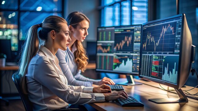 two women work at a desk with two large monitors displaying financial graphs they are focused and working late into the night in a modern office setting
