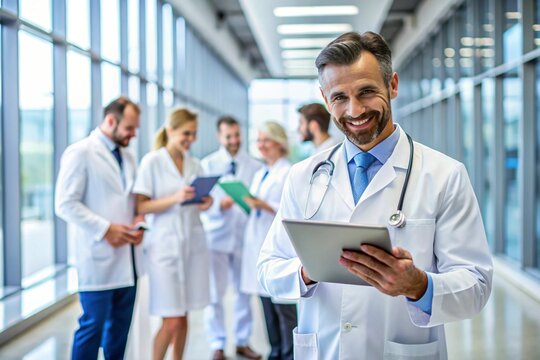 a group of diverse doctors are seen in a hospital hallway they are using digital tablets and discussing patient care the image showcases professionalism and collaboration among healthcare professional