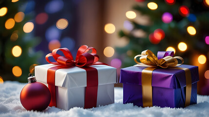 A purple gift wrapped in white snow with a red ribbon.