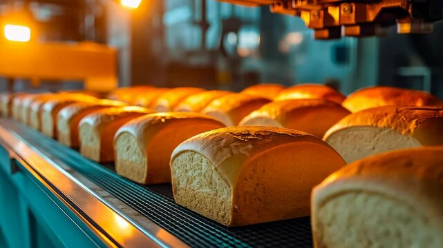 Freshly baked bread loaves emerge from an industrial oven onto a conveyor belt in a commercial bakery. The scene is well-lit, showcasing the golden crusts of the bread, indicating a daytime operation.