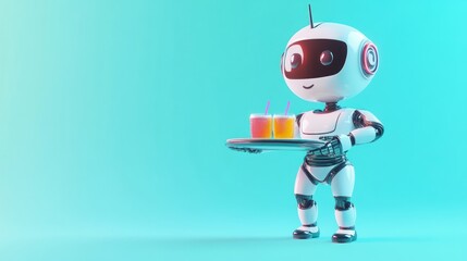 Fototapeta premium A cheerful robot serves colorful drinks on a tray against a vibrant background.