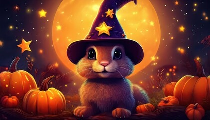 Fototapeta premium A cute bunny wearing a wizard hat sits among pumpkins under a glowing moon, creating a whimsical Halloween scene.