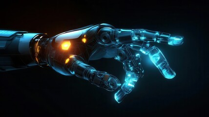 Fototapeta premium A futuristic robotic hand showcasing advanced technology, with glowing elements and intricate design against a dark background.