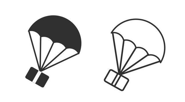 Order parcel box delivery line stroke sign or gift present drop shipping icon via parachute vector simple solid glyph pictogram graphic set, postal mail carton product package symbol airdrop image
