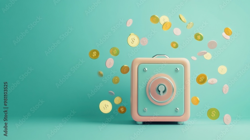 Wall mural A pastel-colored safe surrounded by floating coins, symbolizing savings and financial security.