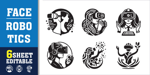 Face robotics Artificial intelligence icon collection. machine learning, data science, AI, virtual assistant, generative AI, technology. Line vector icons set.