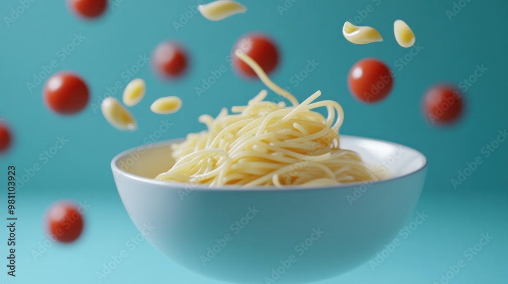 Sticker A bowl of spaghetti with floating pasta and cherry tomatoes against a blue background.