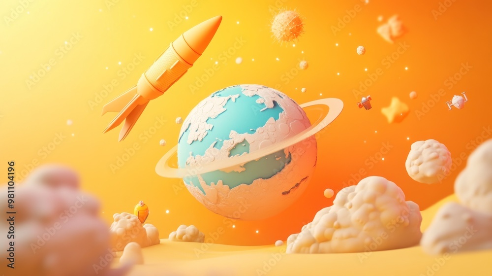 Canvas Prints A whimsical 3D illustration of a planet with a rocket and celestial objects in a vibrant setting.