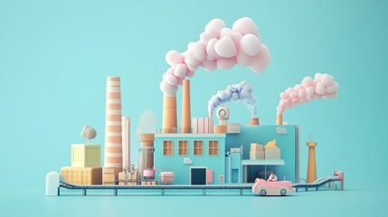 Fototapeta premium A colorful factory scene with smokestacks, clouds, and a car, illustrating industrial processes.