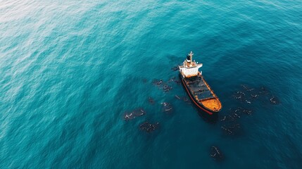 Fototapeta premium Oil spill on the surface of the ocean with seabirds covered in oil