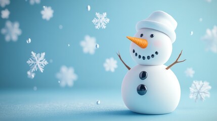 A cheerful snowman with a carrot nose, surrounded by falling snowflakes on a blue background.