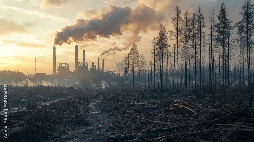 Wall mural A factory surrounded by dead trees and polluted air