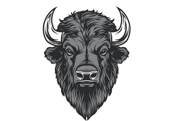 Fototapeta premium A black and white illustration of a bison head with a fierce expression.