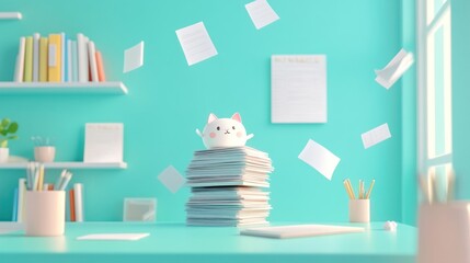 A playful cat figure amidst a messy workspace with scattered papers.