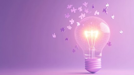 A glowing light bulb surrounded by purple puzzle pieces, symbolizing creativity and ideas.