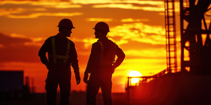 Two construction workers assess adequacy of labor resources on site during stunning sunset, showcasing their silhouettes against vibrant sky