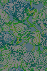 Seamless pattern with watercolor Iceland poppies. Hand drawn autumn season decor with line art flowers silhouettes on gray background. Design for covers, packaging, textile, cards, fabric.