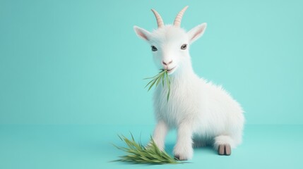 A cute white goat munching on grass against a bright blue background.