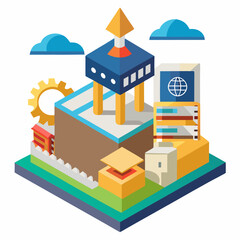 Futuristic Isometric City with Fountain and Trees