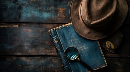 Elegant Detective-Themed Flat Lay with Old Book, Magnifying Glass, and Hat AI generated illustration