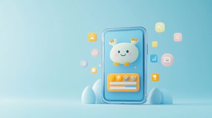 A playful smartphone interface featuring a cute character and colorful app icons.