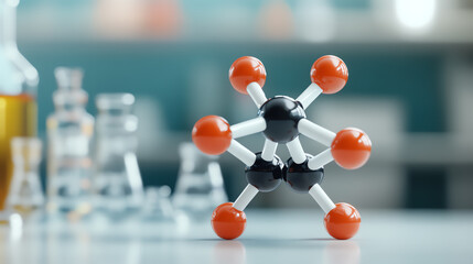 A detailed molecular model showcasing black, red, and white atoms in a laboratory setting, illustrating chemistry concepts.