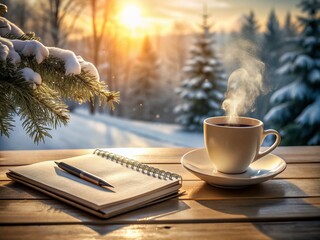 Soft light illuminates a serene winter backdrop featuring a blank notebook and steaming cup of coffee, perfect for planning and reflection on a cozy morning.