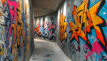 Vibrant abstract graffiti wall showcasing messy sketches and creativity in a narrow passage,...