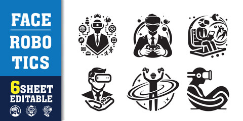 Face robotics Artificial intelligence icon collection. machine learning, data science, AI, virtual assistant, generative AI, technology. Line vector icons set.