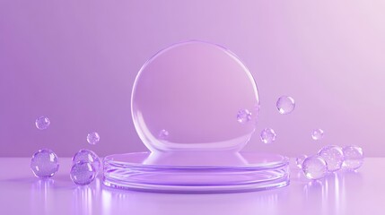 A minimalist display featuring a translucent sphere and bubbles on a soft purple background.