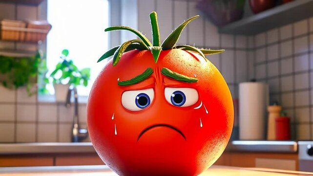 A single sad tomato with an animated face sits on a kitchen counter, shedding tears. The sun shines through a window, surrounded by plants and kitchen elements, creating a melancholic mood.