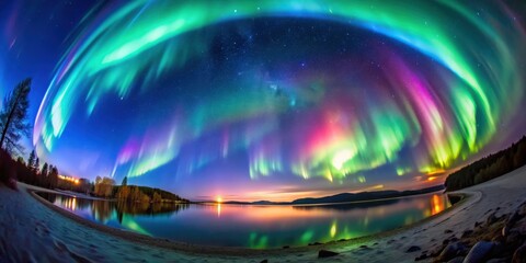 Fisheye view of colorful northern lights dancing in the night sky