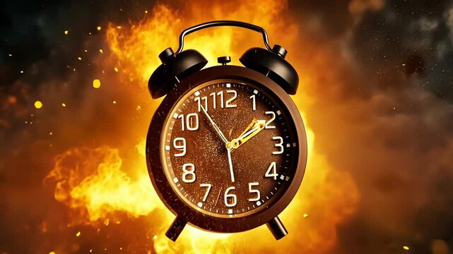 A black clock shatters in a mid-air explosion, surrounded by bright orange flames and glowing shards. Indoor scene with dramatic lighting, creating an intense, chaotic atmosphere.