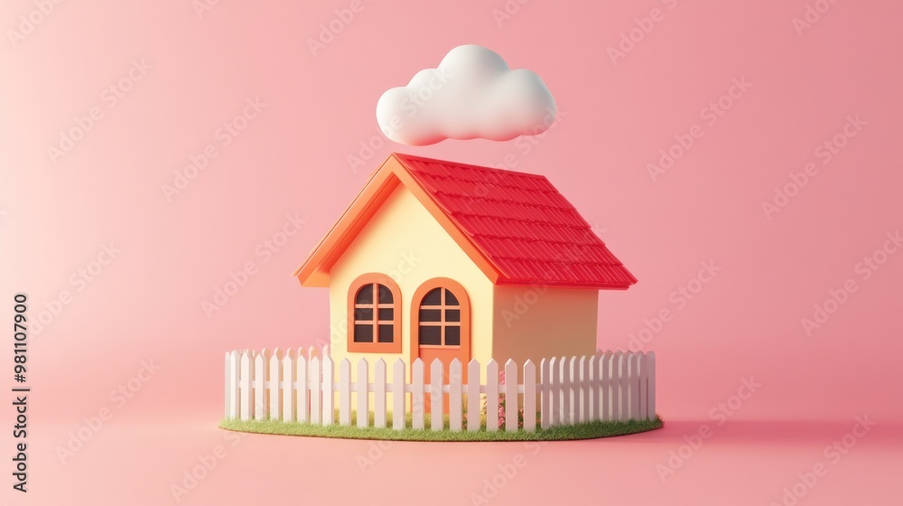 Wall mural A whimsical 3D house model with a cloud, set against a pink background.