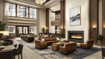 The hotel lobby showcases a stylish, minimalist design with leather sofas, elegant lighting, and a long fireplace, creating an inviting and warm atmosphere