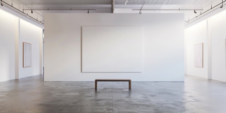 White frame hanging in contemporary art gallery. Mockup promotion poster displayed on the concrete gray wall of minimalist art space interior background. Empty blank mock up poster banner, spot lights