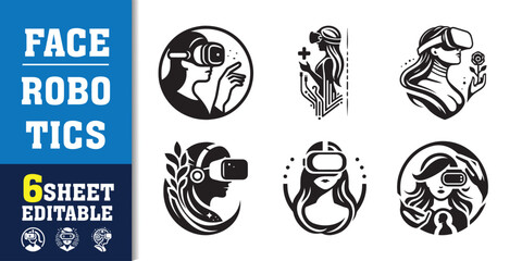 Face robotics Artificial intelligence icon collection. machine learning, data science, AI, virtual assistant, generative AI, technology. Line vector icons set.