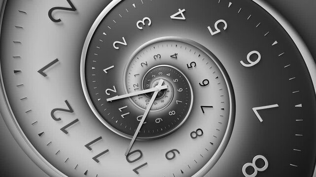 Abstract modern black spiral clock dial with arabic numerals. Concept of Infinite time, deadline, scheduling, time and space, past, present and future.