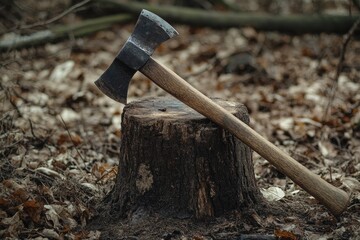 A Double-Headed Axe Resting on a Tree Stump in the Woods