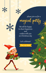 Winter holidays invitation card with elf. Vector templates with Santa Claus little helper fun character. Cute kid design for print, card, flyer, banner. Merry Christmas 2025 cover