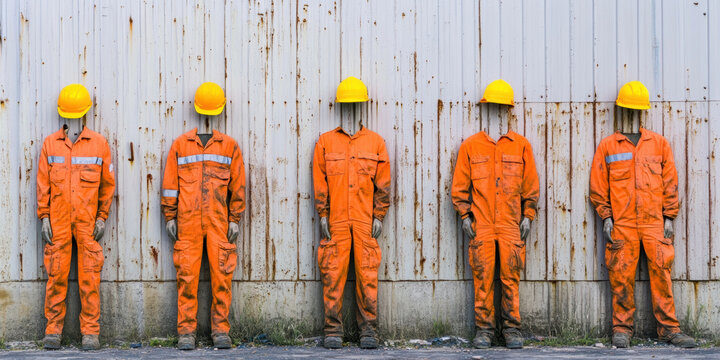 Mannequins in orange safety suits and yellow helmets stand against rusty wall, emphasizing importance of safety protocols and training sessions in industrial environments