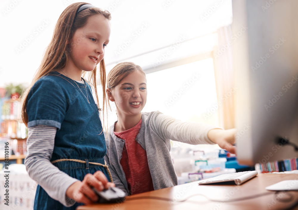 Poster computer, education and online with children in classroom for technology, future and digital library