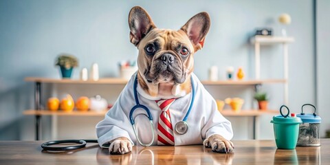 Adorable French bulldog dressed in a miniature doctor's coat and stethoscope, posing on a veterinary clinic table, surrounded by medical equipment and toys.