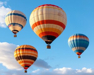 Obraz premium Four colorful hot air balloons soar against a bright blue sky with fluffy clouds.