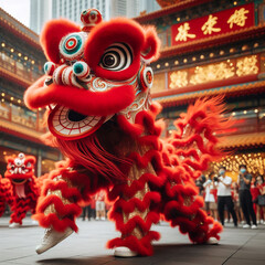 Fototapeta premium The lively red lion dance, showcasing elegant moves that mesmerize the audience.