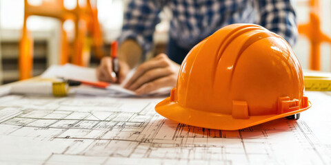A construction worker is reviewing blueprints with an orange hard hat on table, emphasizing safety and planning in engineering projects