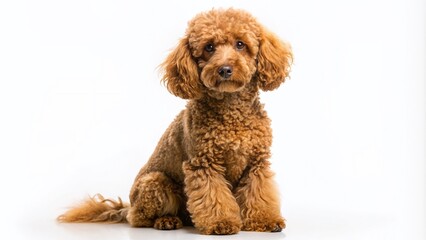 Adorable brown poodle with curly fur sits against a clean white background, leaving ample copy space for text or design, perfect for pet or animal-themed projects.