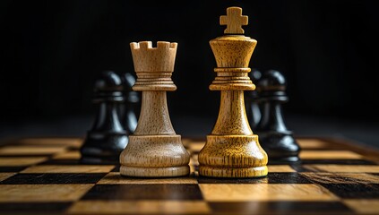 Wooden Chess Pieces with White King and Black Rook Facing Each Other. AI generated illustration