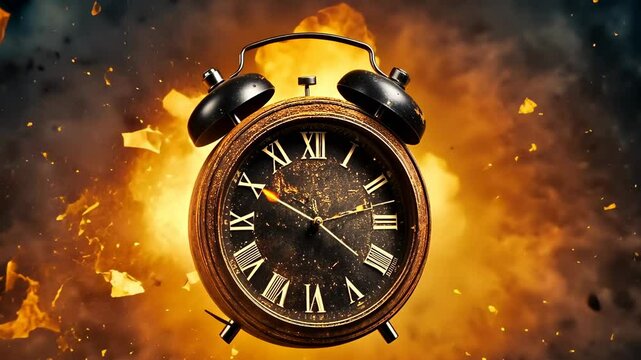 An ancient clock erupts in a dramatic explosion, surrounded by intense flames and flying debris. The scene appears chaotic and destructive, emphasizing the clock&rsquo;s sudden demise, set against a dark